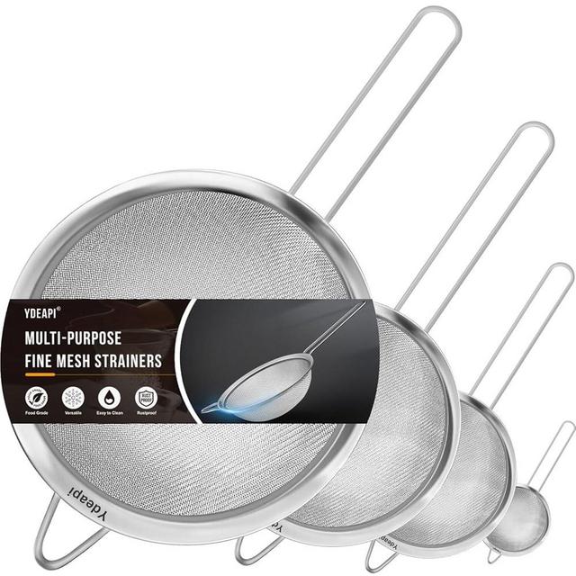 Ydeapi Fine Mesh Strainer, Stainless Steel Strainers with Sturdy Handle, Set of 4 Metal Sieve for Kitchen Food, Rice, Quinoa, Tea - 9", 6.3", 4.7", 3"