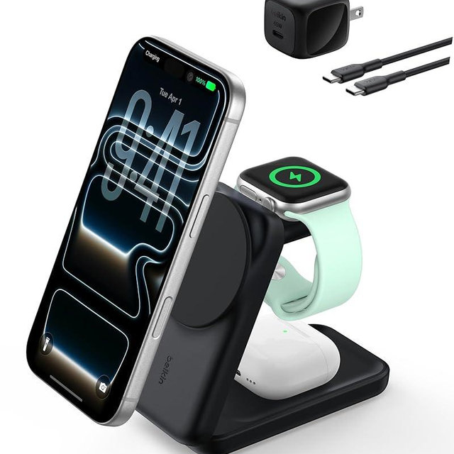 Belkin MagSafe Charger Compatible, 3-in-1 Charging Station, Qi2.2 25W Magnetic Wireless Charger Dock, Foldable Charging Stand for iPhone 17/16/15, Apple Watch, AirPods, Pixel 10 (45W Adapter Included)