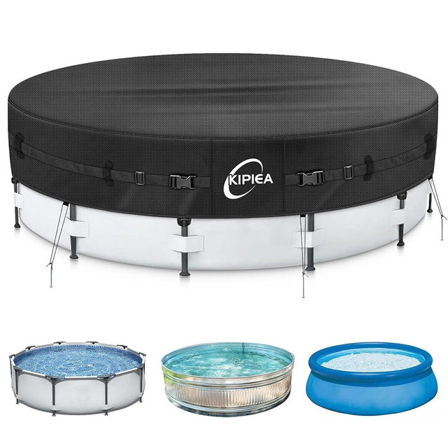 Kipiea Heavy Duty 500D 8ft Round Pool Cover for Above Ground Pool, Stock Tank Pool Covers with Accessories, Round Hot Tub Cover Ideal for Windproof, Dustproof, Waterproof