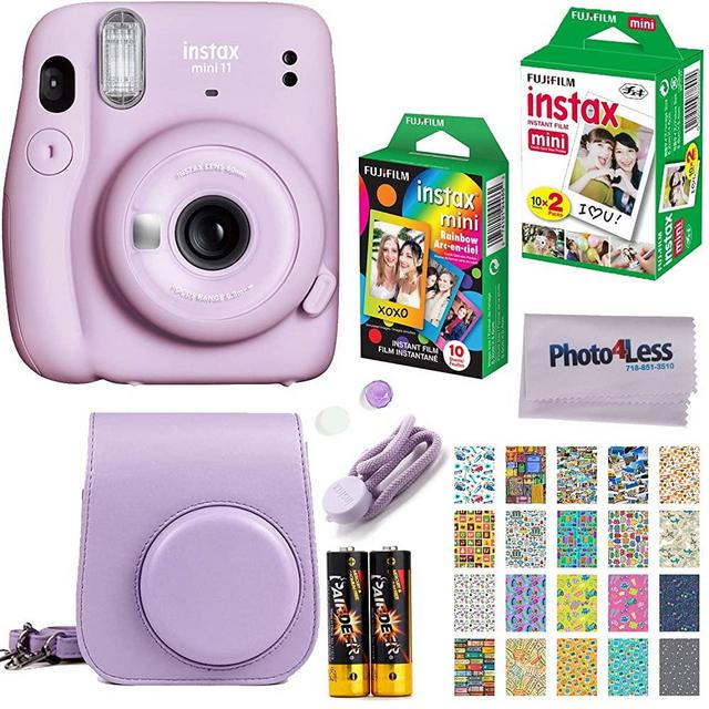 Fujifilm Instax Mini 11 Instant Camera + Fujifilm Instax Mini Twin Pack Instant Film (16437396) + Single Pack Rainbow Film + Case + Travel Stickers (Lilac Purple)