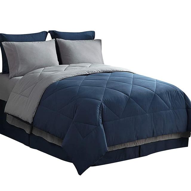 Bedsure Bed in A Bag Comforter Sets Navy/Light Grey Queen Size - Microfiber Reversible Bedding Sets 8 Pieces (1 Comforter, 2 Pillow Shams, 1 Flat Sheet, 1 Fitted Sheet, 1 Bed Skirt, 2 Pillowcases)