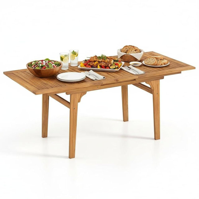 Tangkula 55"-71" Acacia Wood Extendable Patio Dining Table for 6-8 People, Large Expandable Outdoor Slatted Table, Rectangular Outdoor Dinner Table for Garden, Lawn, Yard and Poolside