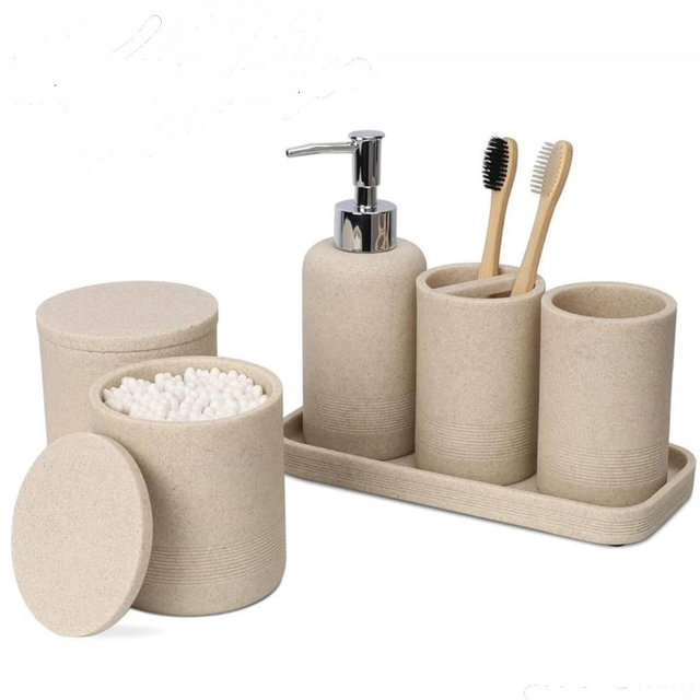 ZCCZ Beige Bathroom Accessories Set 6 Pieces - Toothbrush Holder, Lotion Dispenser, Qtip Container, Vanity Tray, Tumbler - Countertop Organizer for Bathrooms - Elegant and Functional Décor Set