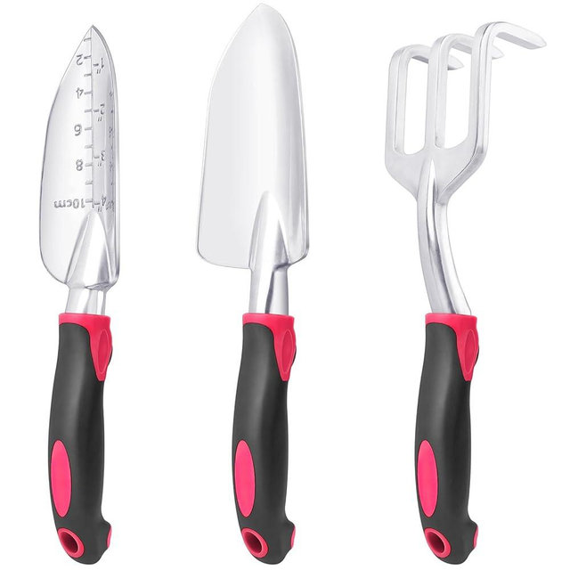 Garden Tools Set, 3 Pack Heavy Duty Gardening Tools Set Include Garden Shovel, Transplant Trowel and Hand Rake with Ergonomic Handle, Aluminum Alloy Lawn for Planting Tools, Red