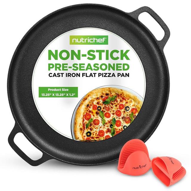 NutriChef 13" Cast Iron Pizza Pan - Cast Iron Pizza Baking Pan, Steel Pizza Cooker with Easy Grip Handle - For Gas, Electric, Glass, Induction Cooker, Oven, & Grill/Campfire - 2 Silicone Handles