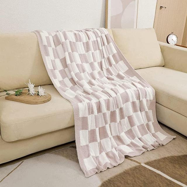 Bearberry Fuzzy Checkerboard Grid Throw Blanket Knitted Soft Cozy Warm Microfiber Blanket Decor for Couch Sofa Bed Travel Home (Cream, 50''x60'')