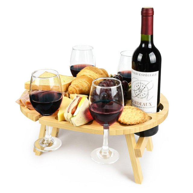 Tirrinia Folding Picnic Table, Portable Bamboo Table, 4 Wine Glasses Holder, 1 wine holder, Foldable Snack Tray Table