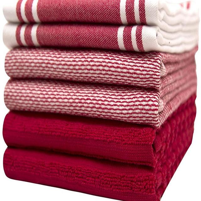 Bumble Premium Cotton Kitchen Hand Towels (20" x 28") Red Vintage Striped Flat Design & Highly Absorbent Terry Towels with Hanging Loop | Natural Ring Spun Cotton | Large Tea Towel Set - 6 Pack