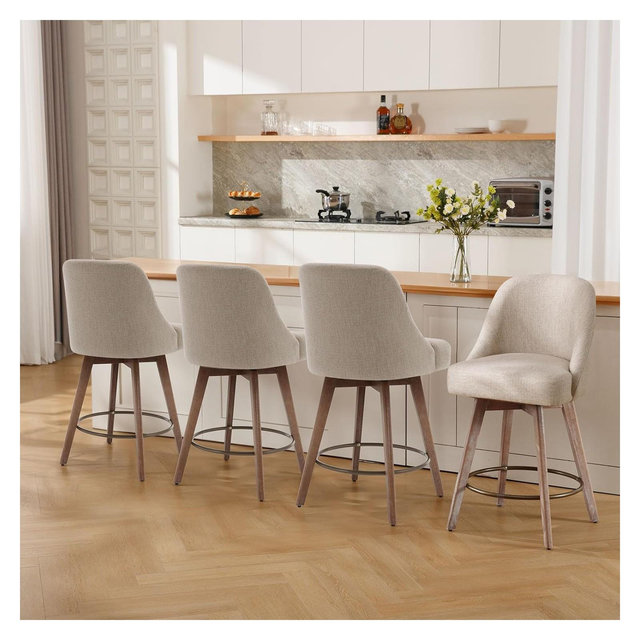 Bekrvio 26" Swivel Bar Stools Set of 4 with Solid Wood Legs, 3.15" Linen Upholstered Seat with Back, Mid-Century Bar Chairs for Kitchen Island, Brown