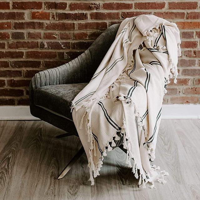 Sweet Water Decor Turkish Throw Blankets - 100% Turkish Cotton, Large Size 65 x 85 Ivory with Black Decorative Stripes Use for Living Room, Bedspread, Outdoor, Boho, Rustic, Farmhouse