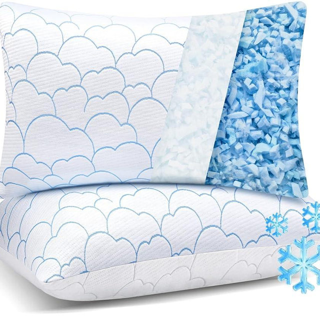 Cooling Pillows Queen Size Set of 2, Shredded Memory Foam Pillows for Sleeping 2 Pack, Soft Breathable Bamboo Cool Cold Bed Pillow Adjustable Firm Gel Pillow for Hot Side Back Stomach Sleepers ﻿