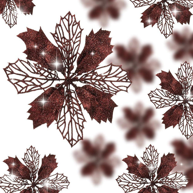 Wironlst 16 Pcs Glitter Poinsettia Flowers Artificial - Christmas Gold Poinsettia Decorations Tree Flowers Ornaments for Xmas/Holiday/Seasonal/Wedding Decor (Brown)
