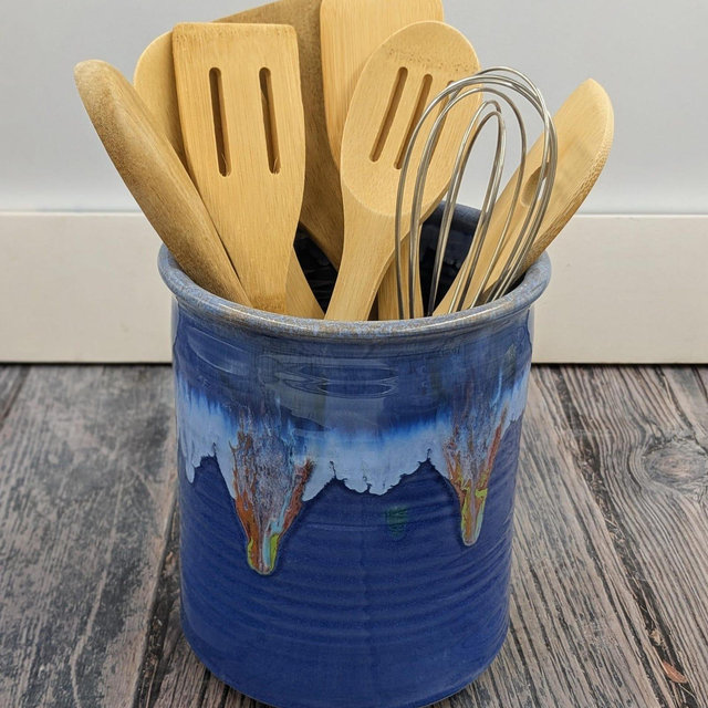 Large Stoneware Utensil Holder in Blue Moon