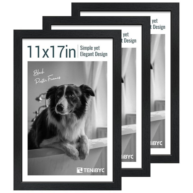 TENIBYC 11x17 Picture Frame 3 Pack - Black Woodgrain, Solid Wood & HD Tempered Glass, Wall Gallery Poster Frame