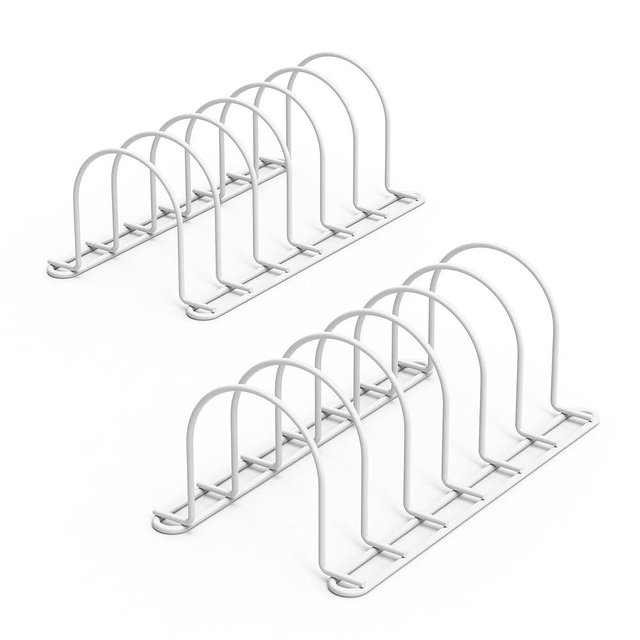 JAQ Pot Lids Holder, 10.5" Kitchenware Dividers Organizer for Plates, Pans, Cutting Boards, Muffin Tins, Baking Sheets in Cabinets Shelf Countertop Pantry (2-Pack, White)