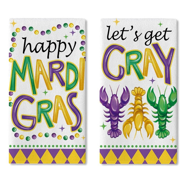 Croar Happy Mardi Gras Crayfish Kitchen Dish Towels Set of 2, Let's Get Cray Crawfish New Orleans Carnival Drying Hand Towel Baking Cooking Cloth, Lobster Masquerade Bathroom Home Decoration 18''x26''