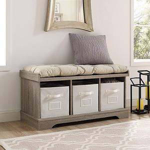 Walker Edison Furniture Company - WE Furniture 42" Wood Storage Bench with Totes & Cushion, Driftwood