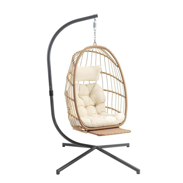 Yechen Hanging Egg Chair with Stand and Footrest for Indoor Outdoor, Foldable Wicker Rattan Patio Egg Swing Chairs Hammock Egg Chair with UV Resistant Cushion for Bedroom Porch, 370 Lbs Capacity