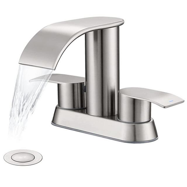 Waterfall Bathroom Sink Faucet Brushed Nickel, Two Handles Bathroom Faucet with Metal Pop up Sink Drain Stopper, Single Hole Or 3 Holes Bathroom Basin Lavatory Mixer Tap with Deck Mount Plate