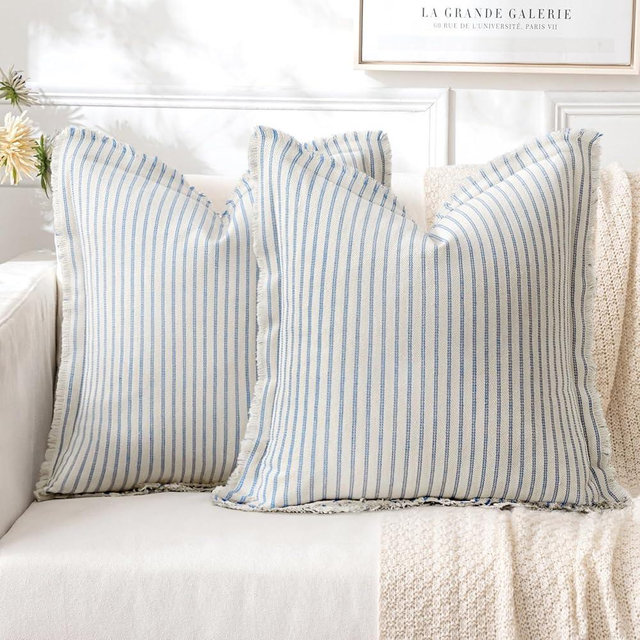 MIULEE Pack of 2 Light Blue Pillow Covers 20x20 Inch Striped Farmhouse Couch Spring Throw Pillow Covers with Fringe Chic Cotton Decorative Cushion Covers for Sofa Living Room Bed Outdoor Home Decor