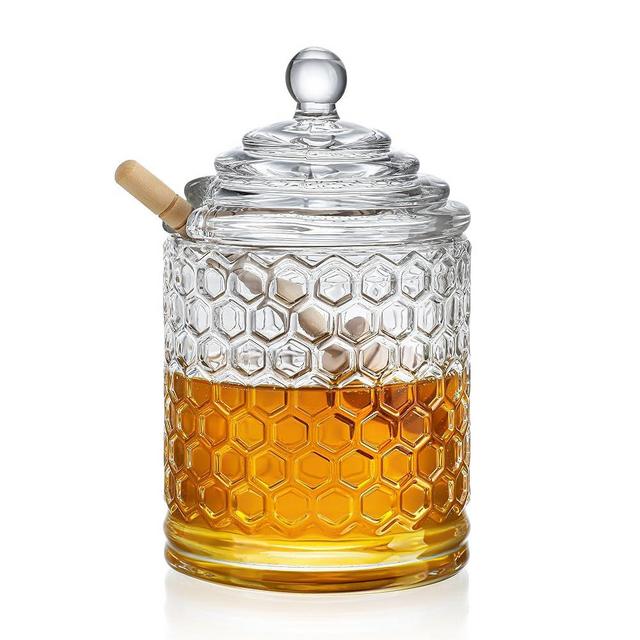kanpura Clear Crystal Honey Pot with Dipper and Lid,Glass Honey Jar with Dispenser, Glass Honey and Syrup Container for Home Kitchen