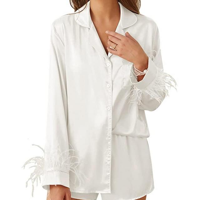 Ekouaer Women's Feather Trim Silk Satin Pajama Set Long Sleeve Lounge Sets Button Down Sleepwear S-3XL
