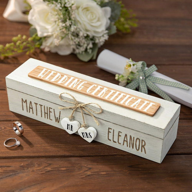Personalized Marriage Certificate Holder for Wedding - Custom Couples Names Wooden Keepsake Box - Newlywed Gift