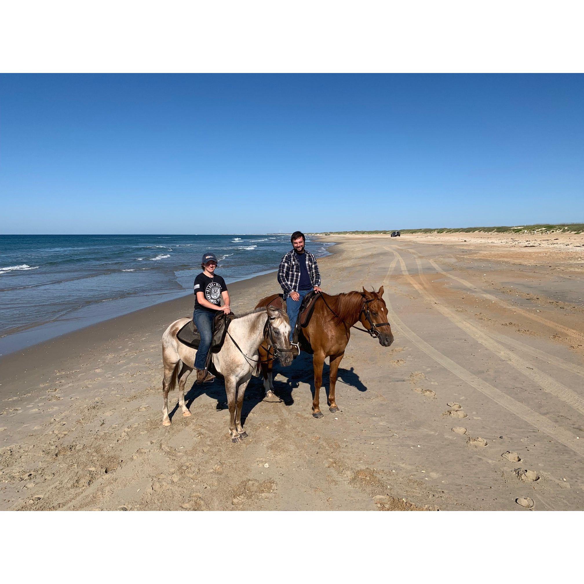 Riding on the beach together! His horse was slow, and my horse was angry.