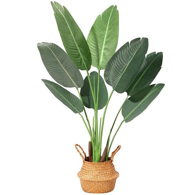 Ferrgoal Artificial Bird of Paradise Plants 47 Inch Fake Tropical Palm Tree with 8 Trunks in Pot and Woven Seagrass Belly Basket Perfect Faux Plant for Home Indoor Outdoor Office Modern Decor Green