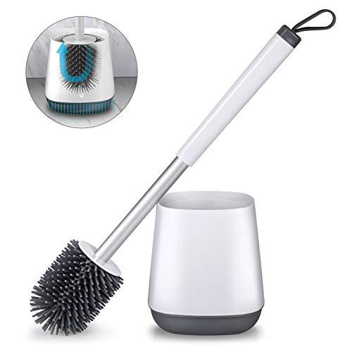 POPTEN Toilet Brush and Holder Set for Bathroom with Aluminum Handle & Soft Silicone Bristle Sturdy Cleaning Toilet Bowl Brush Set Cleaner for Bathroom Storage and Organization – White