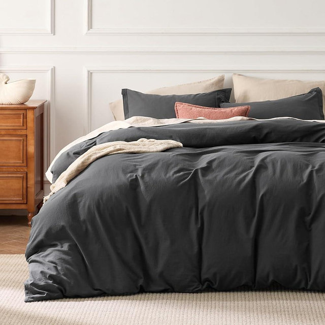 Bedsure 100% Washed Cotton Duvet Cover King - Charcoal Minimalist Cotton Duvet Cover Linen Like for All Seasons - GentleSoft™ Plain Simple Bedding (Charcoal, King, 104"x90")