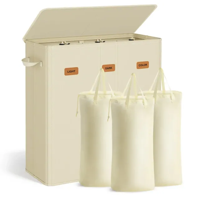 SONGMICS 42.2 Gallon Laundry Hamper, 3-Compartment Laundry Basket Sorter with Lid, Labels, Removable Liner Bags, for Bedroom, Cream White