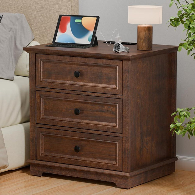 REDAYFUR Nightstand with Charging Station, 24” Wide End Table with 3 Drawers, Modern Bedside Table with Storage, Wood Small Dresser for Bedroom Living Room. (Cherry)
