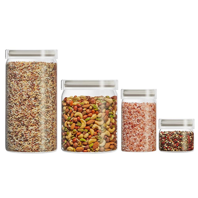 Pyrex 4-Pack Glass Canister Set - Dry Food Storage Containers with Lids for Kitchen and Pantry Organization