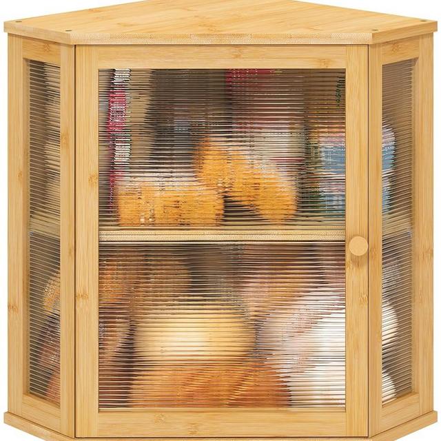 viewcare Extra Large Bread Box, Corner Bread Box for Kitchen Counter, Bamboo Wood Large Capacity Bread Storage Bin with Acrylic Wavy Door Panel