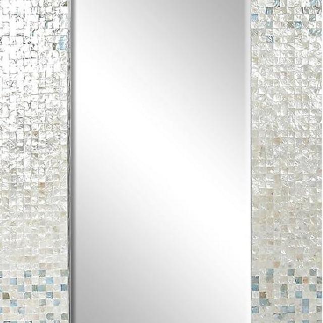 Deco 79 Mother of Pearl Rectangle Wall Mirror with Blue Corners, 36" x 1" x 70", Cream