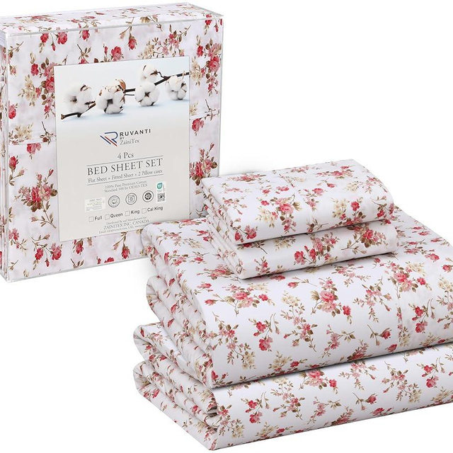 RUVANTI 100% Cotton California King Sheet Sets, 4 Pieces, Soft & Breathable Percale Weave Bedding, Deep Pocket 14", Hotel Standard, Crisp Cool Feel & Durable, Perfect Floral Sheets, Bouquet