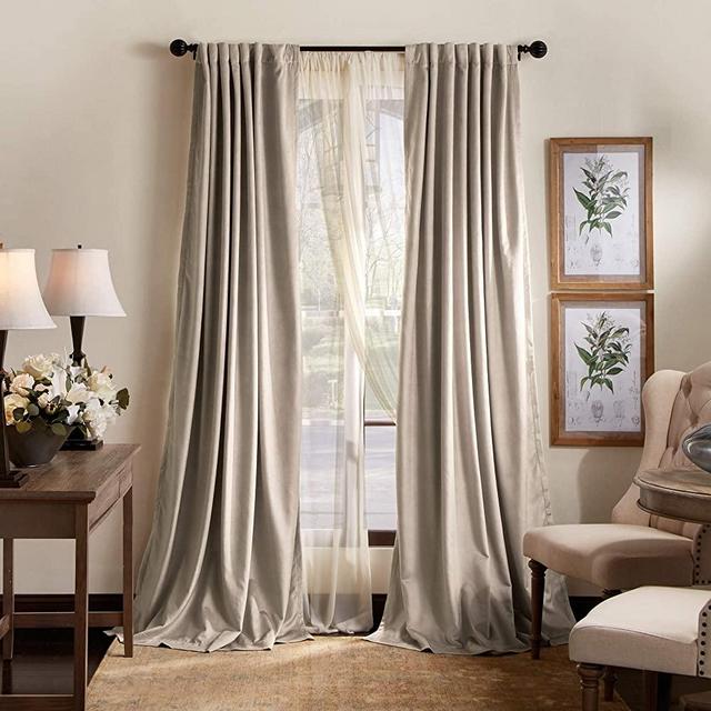MARTHA STEWART Lucca Velvet Blackout Back Tab Window Curtain Panel Pair, 84", Linen