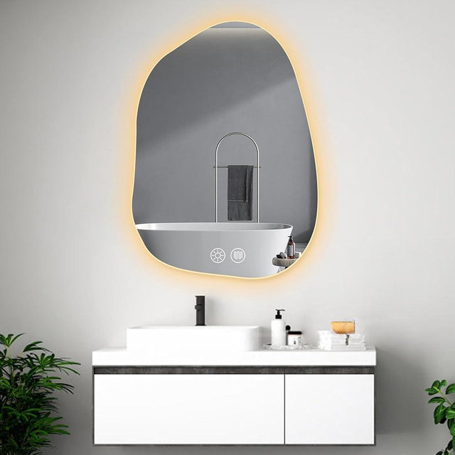 Jorviz LED Bathroom Mirror, 24" x 32" Irregular Led Bathroom Vanity Mirror, Anti-Fog Backlit Bathroom Wall Mirror with 3 Colors Dimmable Light, Horizontal/Vertical