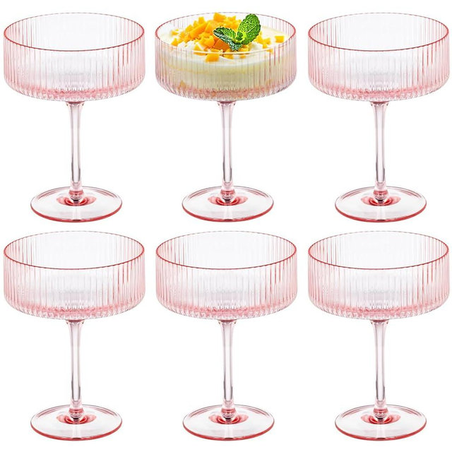 6 Pieces Martini Glasses 10.5oz Plasitc Ribbed Coupe Glasses Champagne Shatterproof Acrylic Vintage Cocktail Glassware Margarita Wine Glasses Disposable Cups for Parties Wedding Anniversary Bar Pink