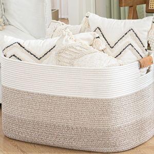 danpinera 108L Large Blanket Basket for Living Room, Woven Storage Basket with Leather Handles, Cotton Rope Storage Organization in Nursery for Toys & Clothes 25 ''* 16 ''*16 '', Gradient Brown