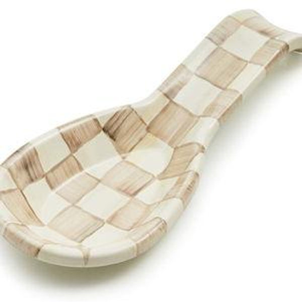 MACKENZIE-CHILDS Enamel Spoon Rest, Kitchen Utensil Rest and Spoon Holder, Kitchen Decor, Brown-and-White Mocha Check