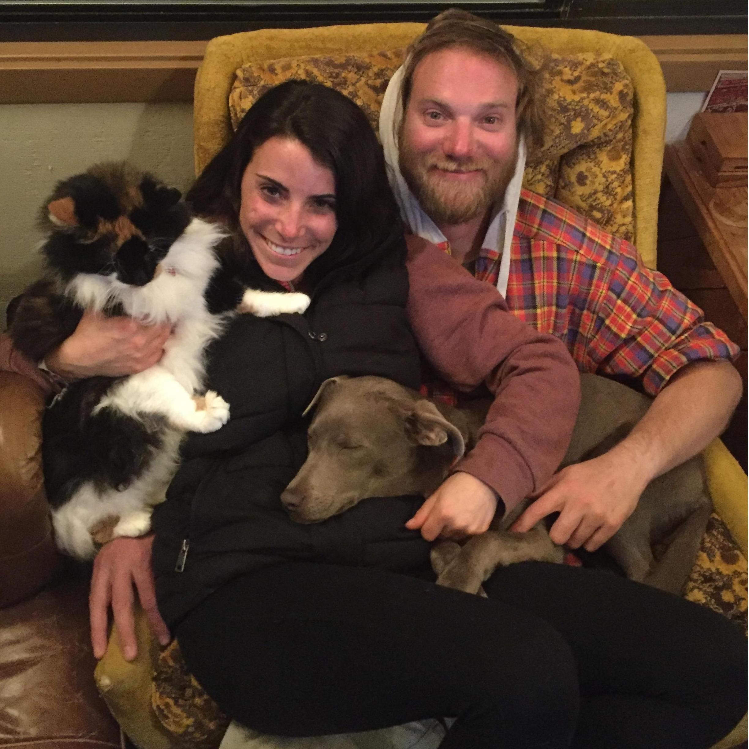Family photo with our fur babies, Mia and Syl.