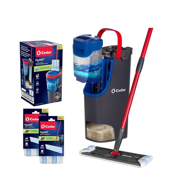 O-Cedar H2prO Flat Mop System with 2 Mop Head Refills | Quick Cleaning Tool | Clean with Clean Water | Machine Washable Reusable Microfiber Mop Pad | Safe on Wood Floors, Vinyl,Tile, Baseboards, Walls
