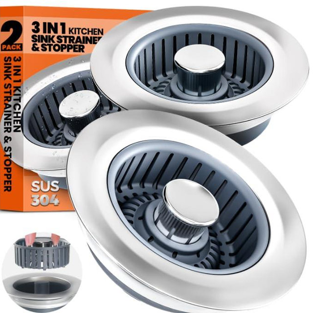 2 Pack 3 in 1 Kitchen Sink Drain Strainer & Sink Stopper Upgraded Stainless Steel Drain Plug with Anti-Clog Basket Drain Stopper Combo, Pop Up Sink Stopper for Standard 3-1/2'' Drain
