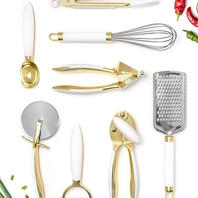 White & Gold Kitchen Tools and Gadgets - Luxe 8PC Cooking Tools and Gadgets with Anti-Slip Handles, Gold Utensils Set, Gold Kitchen Accessories and White Kitchen Utensil Set,Premium Kitchen Gadget Set