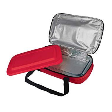 Le Regalo HW1236 Glass Casserole with Insulated Bag, Ideal for Picnic, Potluck, Hiking & Beach Trip-Retains Hot and Cold Temperature of Food, 14"x8.5"x2.75", Red