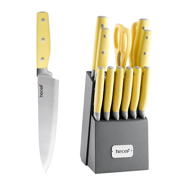 hecef Kitchen Knife Block Set, 14 Pieces Knife Set with Wooden Block & Sharpener Steel & All-purpose Scissors, High Carbon Stainless Steel Cutlery Set (Yellow)