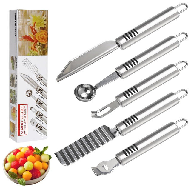 BURLIHOME Stainless Steel Fruit Carving Knife Set, 5 Pack Vegetable Engraving Blades for Kitchen, Melon Baller Scoop,Lemon Zester, Garnish Peeler,Crinkle Knife,V-shape Cutter