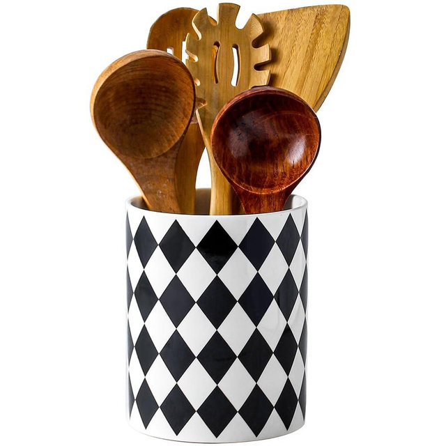 Kitchen Utensil Holder, 6.3 Inch Checkered Large Ceramic Cooking Utensil Holder Modern Utensil Crocks for Kitchen Counter-Farmhouse, Housewarming Gift, Decor and Accessories (Diamond Black, 6.3 Inch)